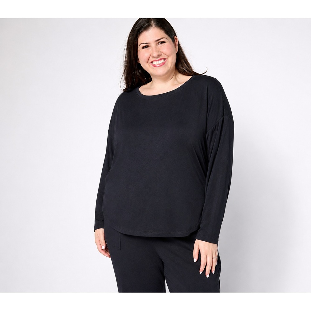 AnyBody Plush Knit Round Neck Top Black, Large